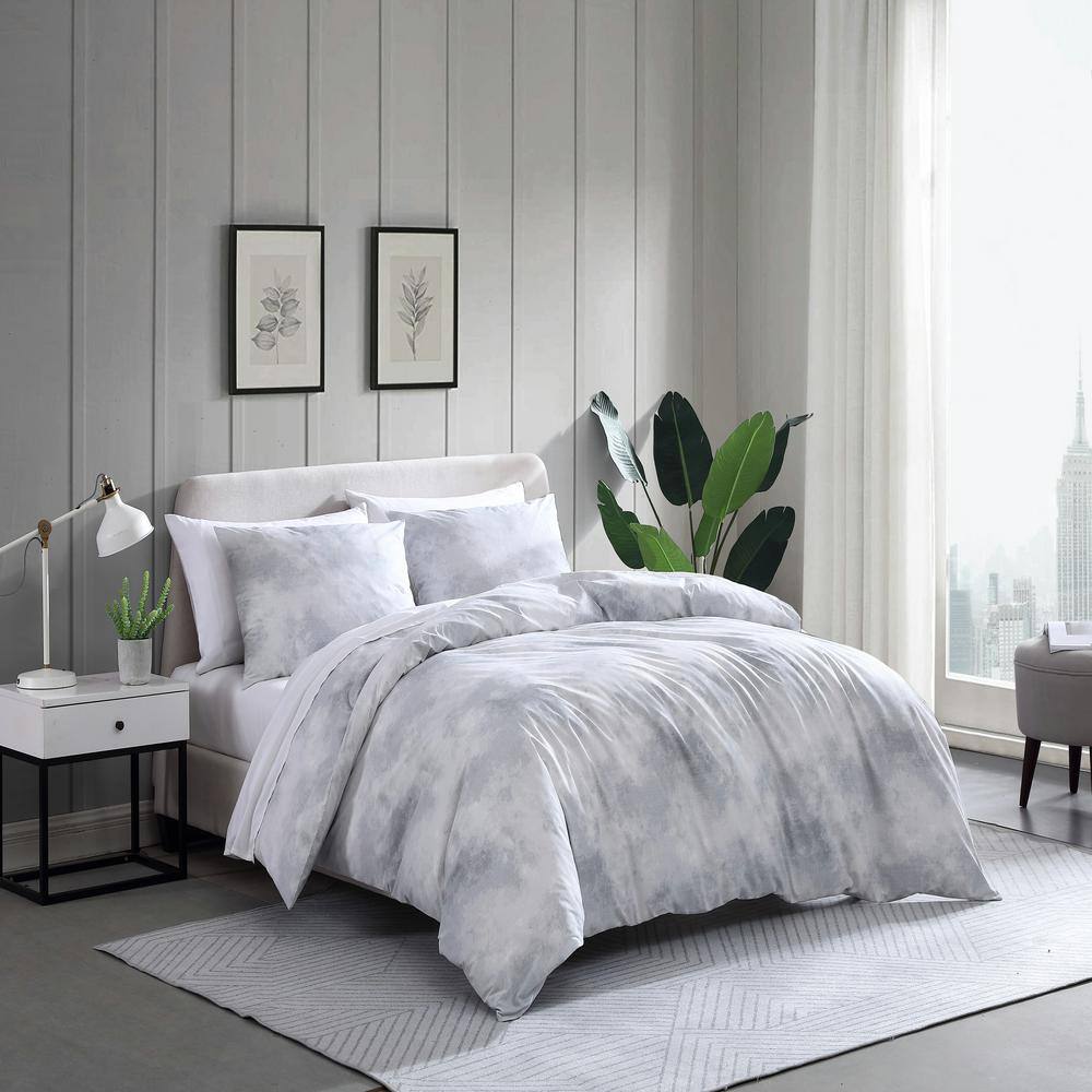 Gray and White Cotton Twin Duvet Cover Set