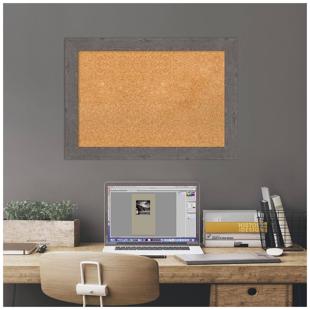 Rustic Gray Wood Framed Natural Corkboard 27" x 19"