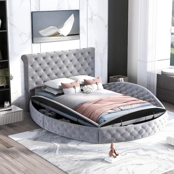 Qualler 93.9 in. W Gray Full Size Wood Frame Round Upholstery Platform Bed with Storage Space