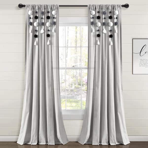 HOMEBOUTIQUE Boho Pom Pom Tassel Linen Window Curtain Panel Gray/Black Single 52X84