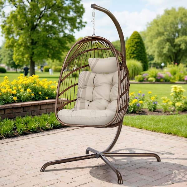 Foldable 350 lbs. 1-Person Brown Wicker Patio Swing Egg Chair with Gold Stand and Beige Cushion, Outdoor Hanging Chair