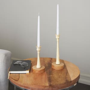 Cream Metal Textured Tapered Candle Holder with Brown Wood Bases (Set of 2)