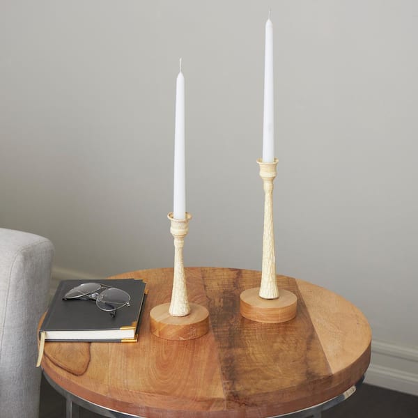 Litton Lane Cream Metal Textured Tapered Candle Holder with Brown Wood Bases (Set of 2)