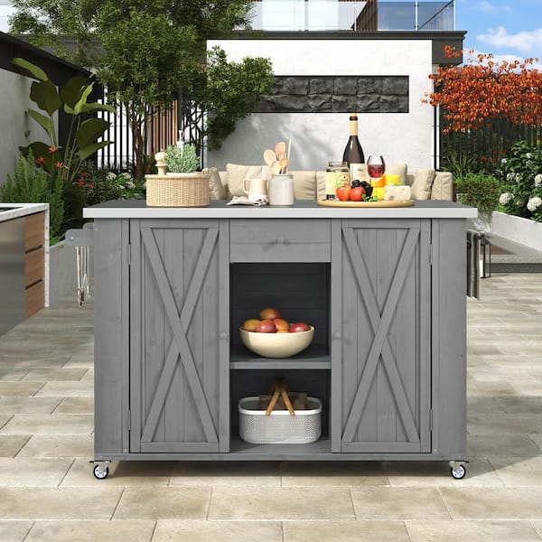 52 in. Gray Outdoor Kitchen Island Fir Wood Outdoor Serving Cart