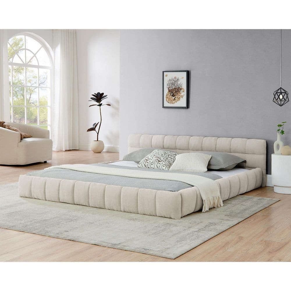 Noble House Oprah Beige Wood Frame King Size Chenille Fabric ...