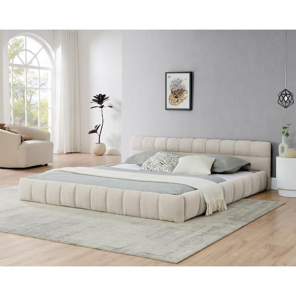Oprah Beige Wood Frame King Size Chenille Fabric Upholstered Platform Bed with Headboard and Solid Frame