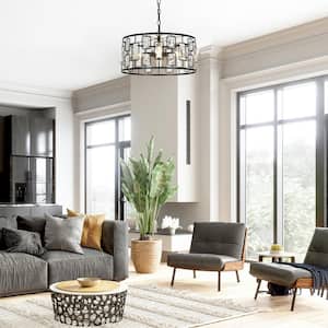 4-Light Painted Black Modern Drum Chandelier with Crystals