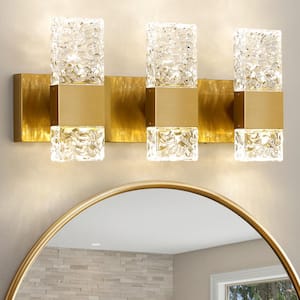 21.3 in. 3-Light Brushed Gold LED Bathroom Vanity Light with Crystal Shade