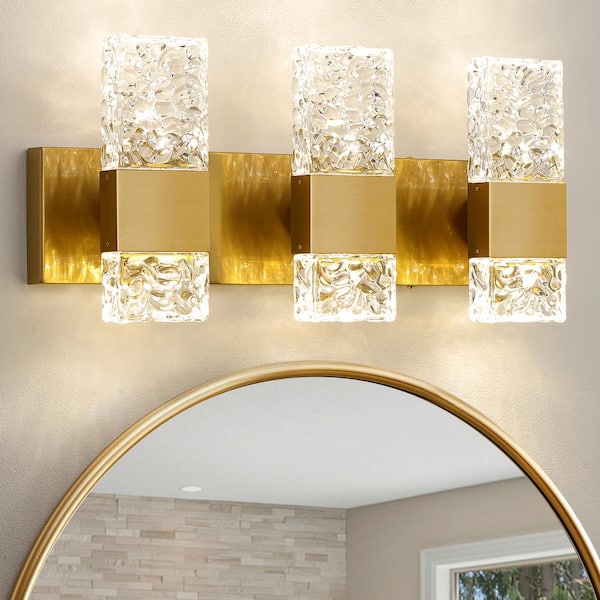 KAISITE 21.3 in. 3-Light Brushed Gold LED Bathroom Vanity Light with Crystal Shade