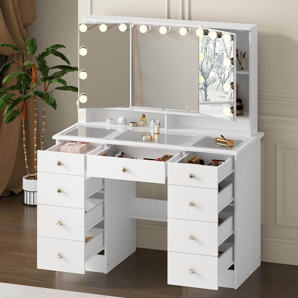 White Makeup Vanity Desk 9-Drawers Wood Dressing Table With 3 Mirrors, Glass Top, Hidden Storage Shelves, LED Bulb Light - thumbnail 2