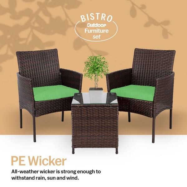 Alvino 4 Piece Wicker Rattan Outdoor Patio Bistro Furniture Set with Green Cushion