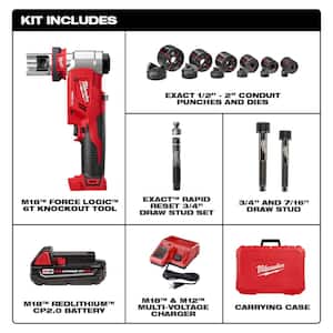 M18 18V Lithium-Ion Cordless FORCE LOGIC 6 Ton Knockout Tool 1/2 in. to 2 in. Kit w/(1) 2.0 Ah Battery, Die Set