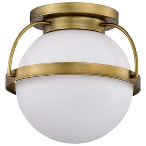Lakeshore 13 in. 1-Light Natural Brass Transitional Flush Mount with White Opal Glass Shade and No Bulbs Included
