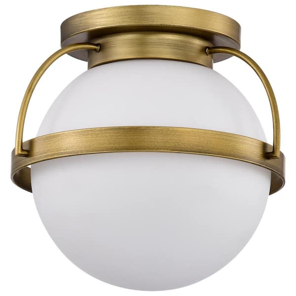 SATCO Lakeshore 13 in. 1-Light Natural Brass Transitional Flush Mount with White Opal Glass Shade and No Bulbs Included