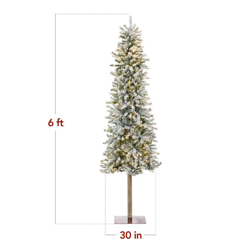 6ft Pre-Lit Snow Flocked Slim Pencil Alpine Christmas Tree with LED Lights and Metal Stand