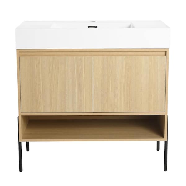 35 in. Single Sink Freestanding Oak Bath Vanity with White Cultured Marble Top Unassembled