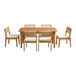 Barton 7-Piece Wood Patio Outdoor Dining Set, Weather-Resistant Table with 6 Stackable Patio Chairs and White Cushions