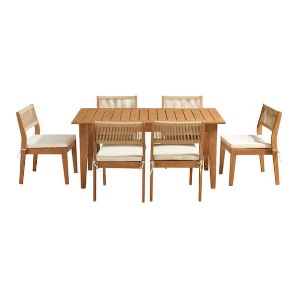 Barton 7-Piece Wood Patio Outdoor Dining Set, Weather-Resistant Table with 6 Stackable Patio Chairs and White Cushions