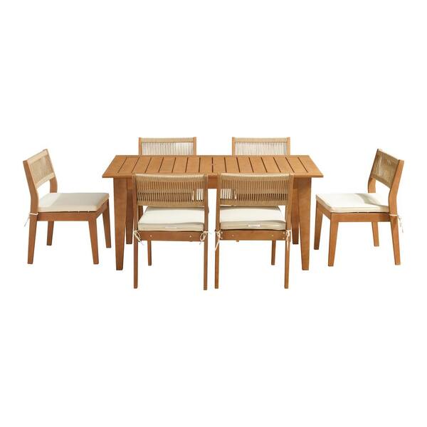 Barton 7-Piece Wood Patio Outdoor Dining Set, Weather-Resistant Table with 6 Stackable Patio Chairs and White Cushions