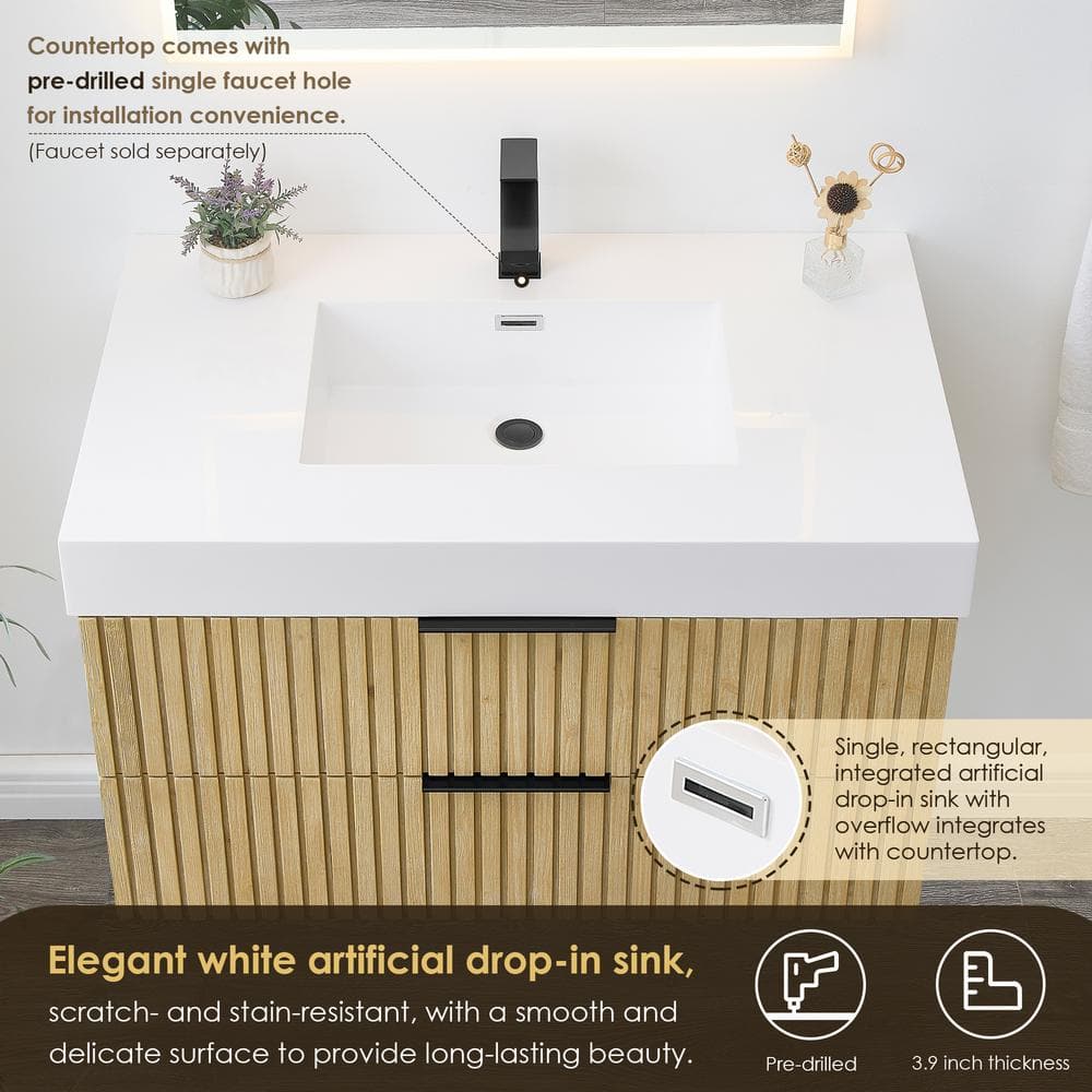 Livia 36" Nature Brown Fir Wood Wall-Mounted Vanity with White Sink