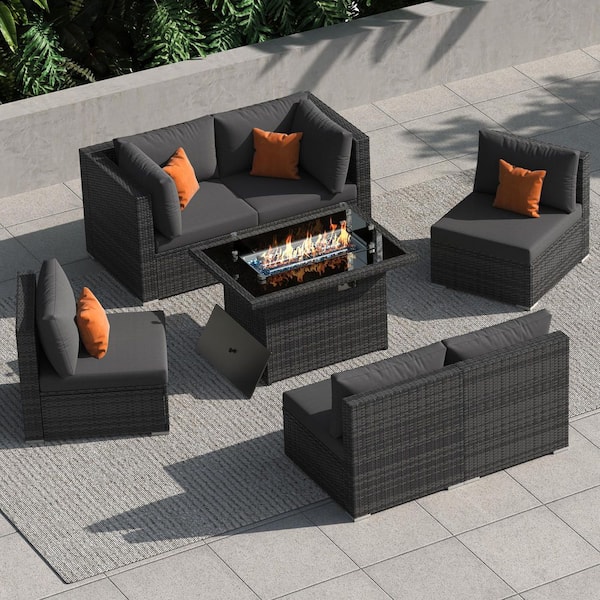 Unbranded High Back Gray 7-Piece Wicker Patio Conversation Sectional Deep Seating Set with Fire Pit Table and Dark Gray Cushions