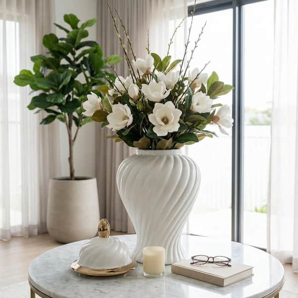 20 in. White Stoneware Cylinder Glam Decorative Vase with Swirl Lid