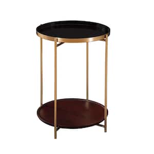 Stevie 16 in. Black, Cherry and Bronze Round Enameled Tray Top End Table with Shelf Storage