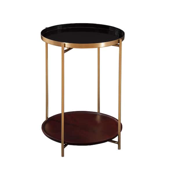 Martin Svensson Home Stevie 16 in. Black, Cherry and Bronze Round Enameled Tray Top End Table with Shelf Storage