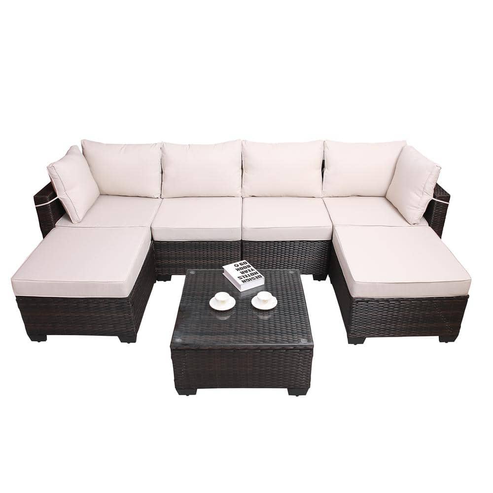 Modern 7-Piece PE Rattan Wicker Outdoor Sectional Set with Beige Cushions, 