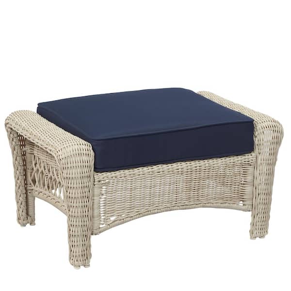 Hampton Bay Park Meadows Off-White Wicker Outdoor Ottoman with Midnight ...