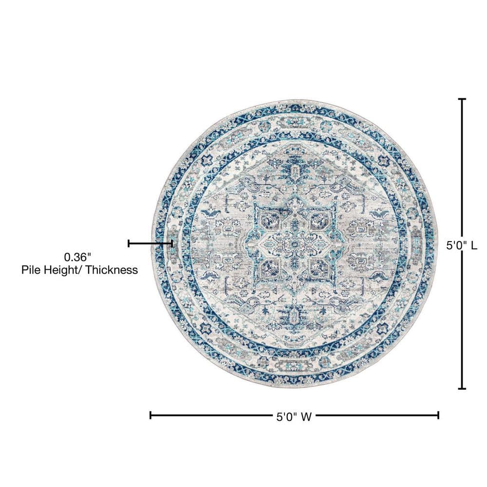 Light Grey and Blue Round Synthetic Reversible Rug