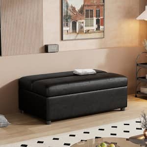 90.09 in. W Black Leather 2-Seater Twin Size Folding Ottoman Sleeper Sofa Bed with Mattress