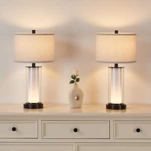 23 in. Clear Glass Bronze Table Lamp Set with Night Light, Bulbs, Dual USB Ports (Set of 2)
