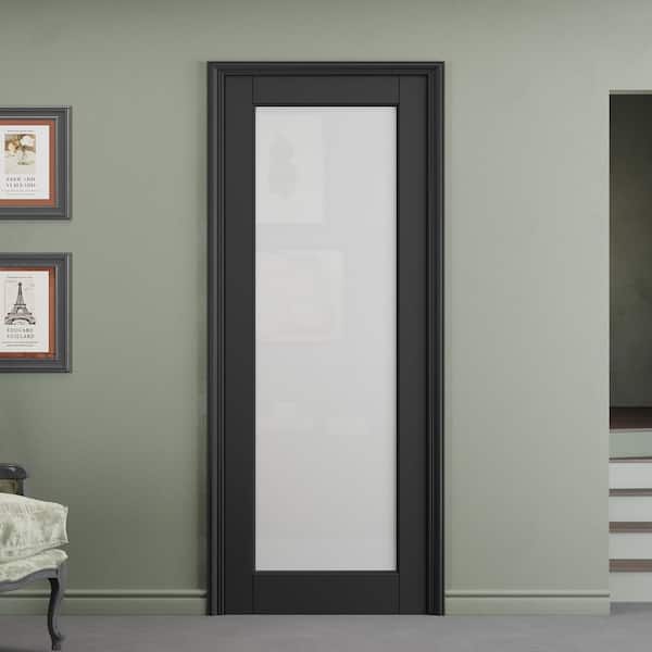 30 in. x 80 in. Solid Core MDF 1-Lite Tempered Frosted Glass and Manufacture Wood Black Finished Interior Door Slab