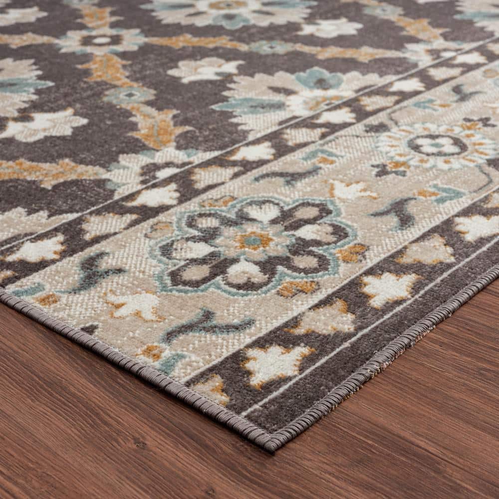 Reversible Rectangular Blue Floral Easy-Care Synthetic Area Rug