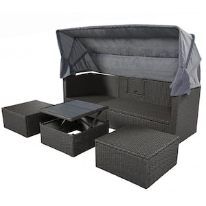 Gray Wicker Outdoor Patio Rectangle Day Bed with Gray Washable Cushions and Retractable Canopy, Coffee Table