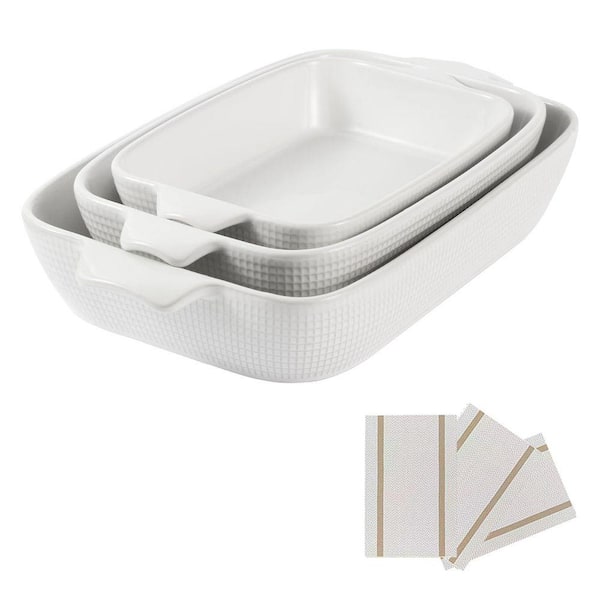 3-Piece Rectangular Ceramic Bakeware Set White Stoneware Oven Safe Dishwasher Microwave Safe Multi-Purpose Cooking