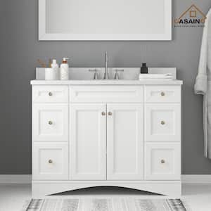 48 in. W x 22 in. D x 35.4 in. H Single Sink Solid Wood Bath Vanity in White with White Natural Marble Top and Mirror