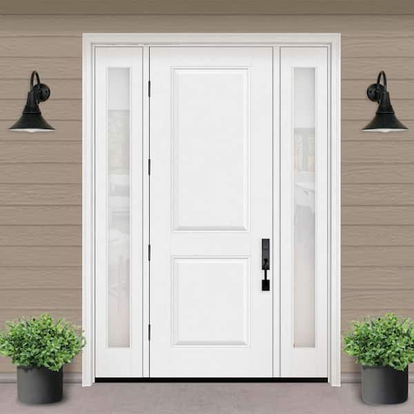 Regency 64 in. x 96 in. 2PSquaretop RHOS Unfinished White Mahogany Fiberglass Prehung Front Door w/Obscure12in.SLs6-9/16