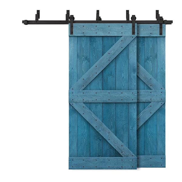 CALHOME 72 in. x 84 in. K Series Bypass Ocean Blue Stained Solid Pine Wood Interior Double Sliding Barn Door with Hardware Kit