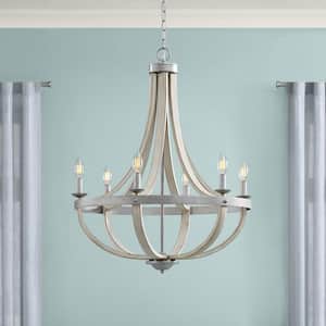 Keowee 26 in. 6-Light Galvanized Farmhouse Cage Chandelier with Antique White Wood Accents