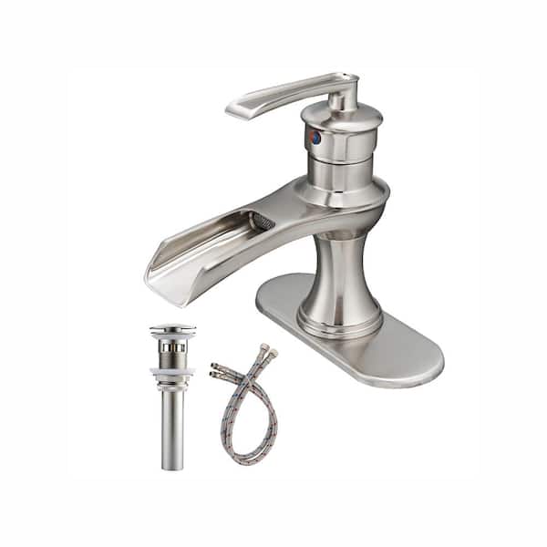 FORCLOVER Single-Handle Low-Arc Single Hole Waterfall Bathroom Faucet with Pop-Up Drain Assembly in Brushed Nickel