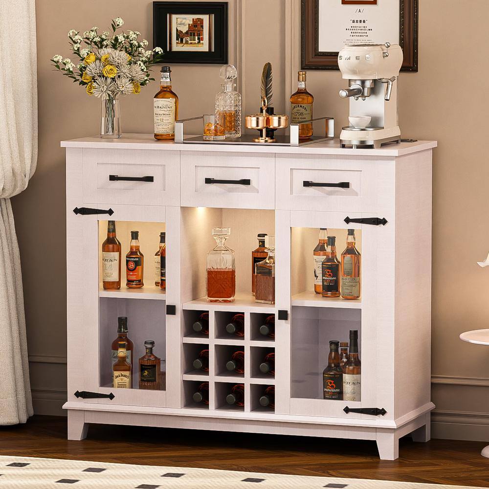 Harper Bright Designs Antique White 30.91 in. H Coffee Bar Cabinet with LED Charging Station Wine Rack 3 Drawers Adjustable Shelves CS011AAK