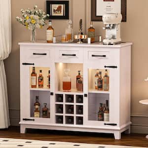 Antique White 30.91 in. H Coffee Bar Cabinet with LED, Charging Station, Wine Rack, 3-Drawers, Adjustable Shelves