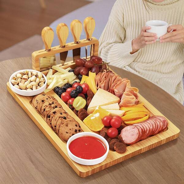 Numhew 14 in. Bamboo Cheese Board Set with 2 Stainless Steel