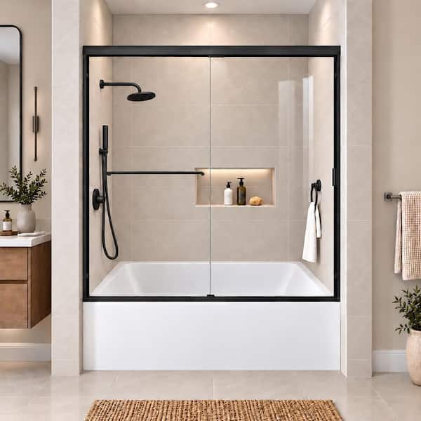Wish 60 in. W x 56 in. H Sliding Bath Tub Door in Semi Frameless in Matte Black with Clear Glass