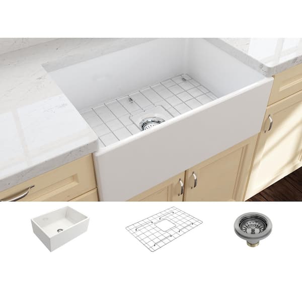 Contempo Farmhouse Apron Front Fireclay 27 in. Single Bowl Kitchen Sink with Bottom Grid and Strainer in White