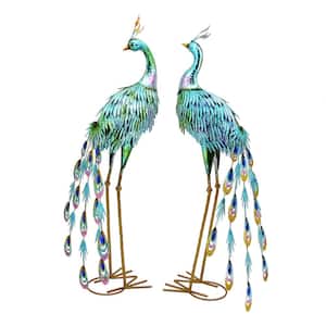 34 in. Tall Set of of 2 Iron Peacock Garden Statues