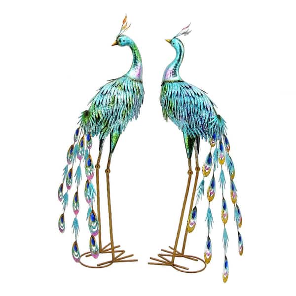 Zaer Ltd. International 34 in. Tall Set of of 2 Iron Peacock Garden Statues