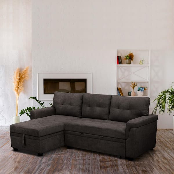 HOMESTOCK 85 in. Square Arm Velvet L-Shaped Sofa with Reversible Chaise and Pull-Out Sleeper Bed in. Espresso Velvet